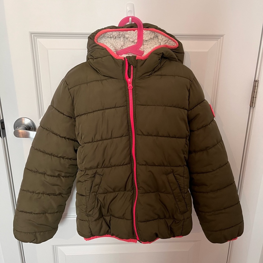 Gap puffy jacket with hat, army green with hot pink detail